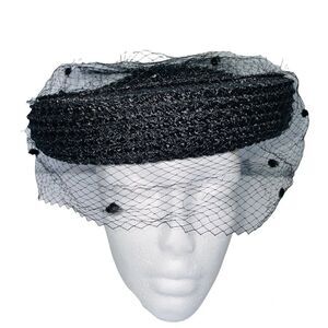 Vintage Womens Hat Black Pillbox Church Netting Bow Wedding Costume Theatre